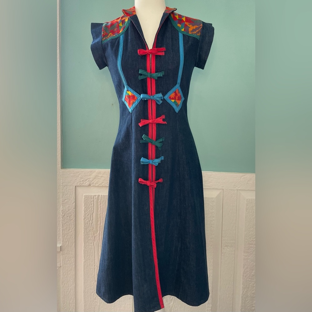 Vintage 1970s Retro Boho Denim Dress OOPS CALIFORNIA  Size 5/6